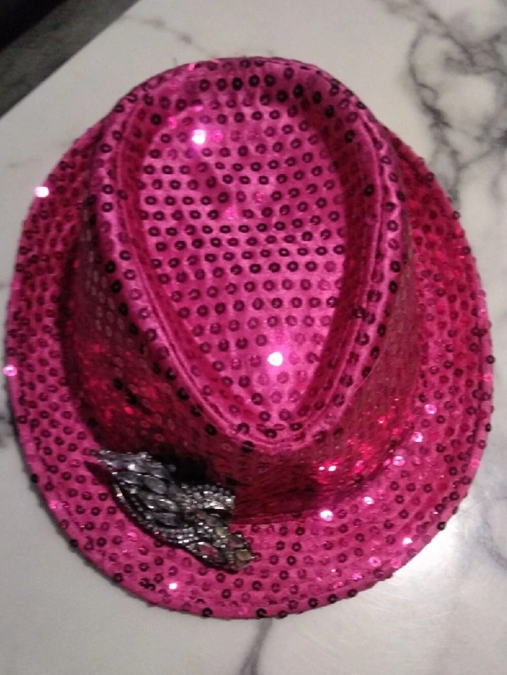 Pink Sequin Fedora Hat with Decorative Brooch